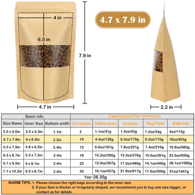 Blisstime Stand Up Pouch, 100 Pack Self-seal Kraft Paper Bags with Matte Window and Tear Notch Resealable Bags for Small Business and Home Use (4.7 X 7.9 Inches) - Image 2